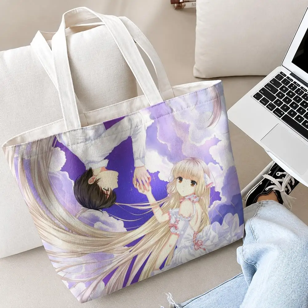 Classic Anime ChobitsS Storage Bags 2PC Canvas Tote Bag Set with Zipper Handbags Makeup Pouch Set Shopping Travel Bag