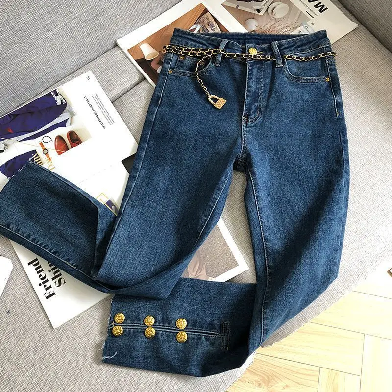 Blue Straight Jeans Women\'s Luxury Design High Waist Elegant Gold Button  Slit Raw Edge Slim Pencil Pants