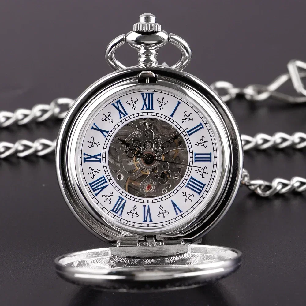 Antique Full Silver Stainless Steel Pocket Watch Mechanical Men Steampunk Vintage Hand-wind Engraved Fob Pendant Clock Women