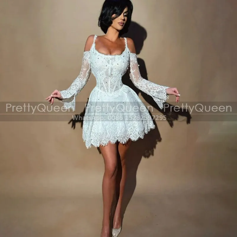 

Короткое свадебное платье А-силуэта с белым кружевом, длинными рукавами, бисером и открытыми плечами, индивидуальный пошив, свадебные платья для женщин