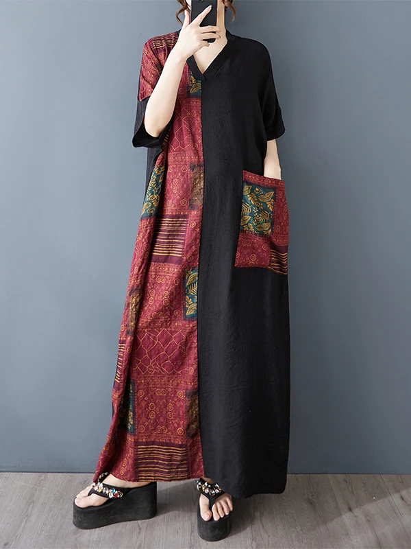 Slimming Long V-Neck Short Sleeve Patchwork Color Block Cotton Linen Loose Fit Maxi Dress for plus Size Women Summer Casual Wear