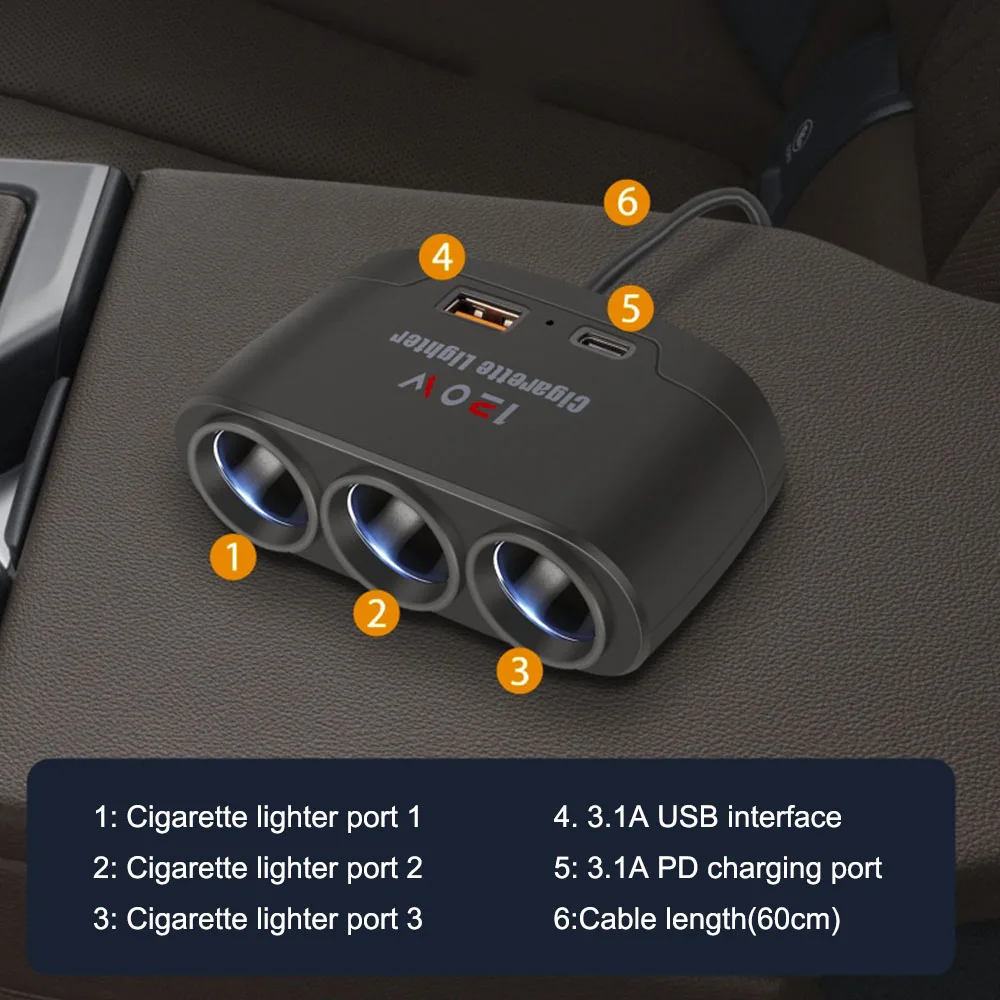 Adaptador de cargador de coche con enchufe USB Dual multifuncional 3 en 1, accesorios para coche, carga rápida 120W 12V 24V para teléfono, divisor de IPad