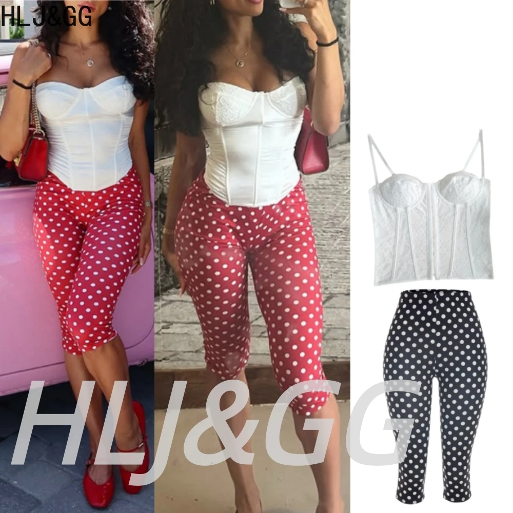 

HLJ&GG Fashion Polka Dot Print Shorts Two Piece Sets Women Spaghetti Strap Slim Lace Corset And Shorts Outfits Sexy Streetwear