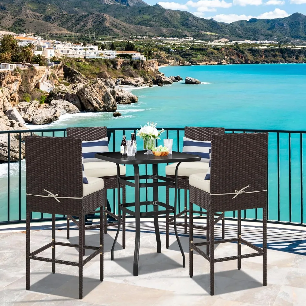 

Комплект из 4 барных стульев для патио, уличные барные стулья из искусственного ротанга с подушками, подставками для ног и спинками, для использования в помещении/на улице, на заказ