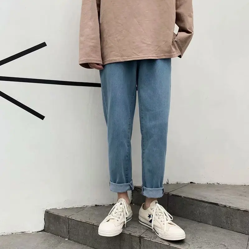 Spring Summer 2022 Fashion Straight Jeans Men's Washed Wild Korean Trendy Loose Teenagers Cropped Pants Students Bf Casual Pants