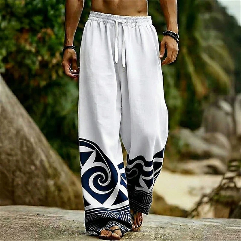 Men's Bohemian Tribal-Style Geometric-Hem Printed Drawstring Wide-Leg Pants Long Pants for Spring Summer Beach and Everyday Wear