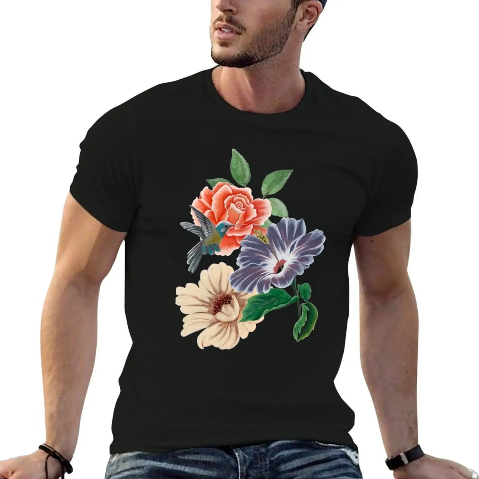 

Floral Bouquet and Hummingbird T-Shirt black cotton t-shirt plain for man package funny t shirts cotton T-Shirt