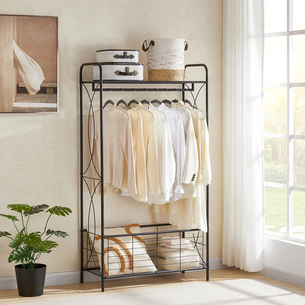 

Rolling Garment Rack, Coat Rack Wardrobe, Freestanding, Heavy-Duty Metal Clothes Rack with Hanging Bar, Metal Basket, Open-Style