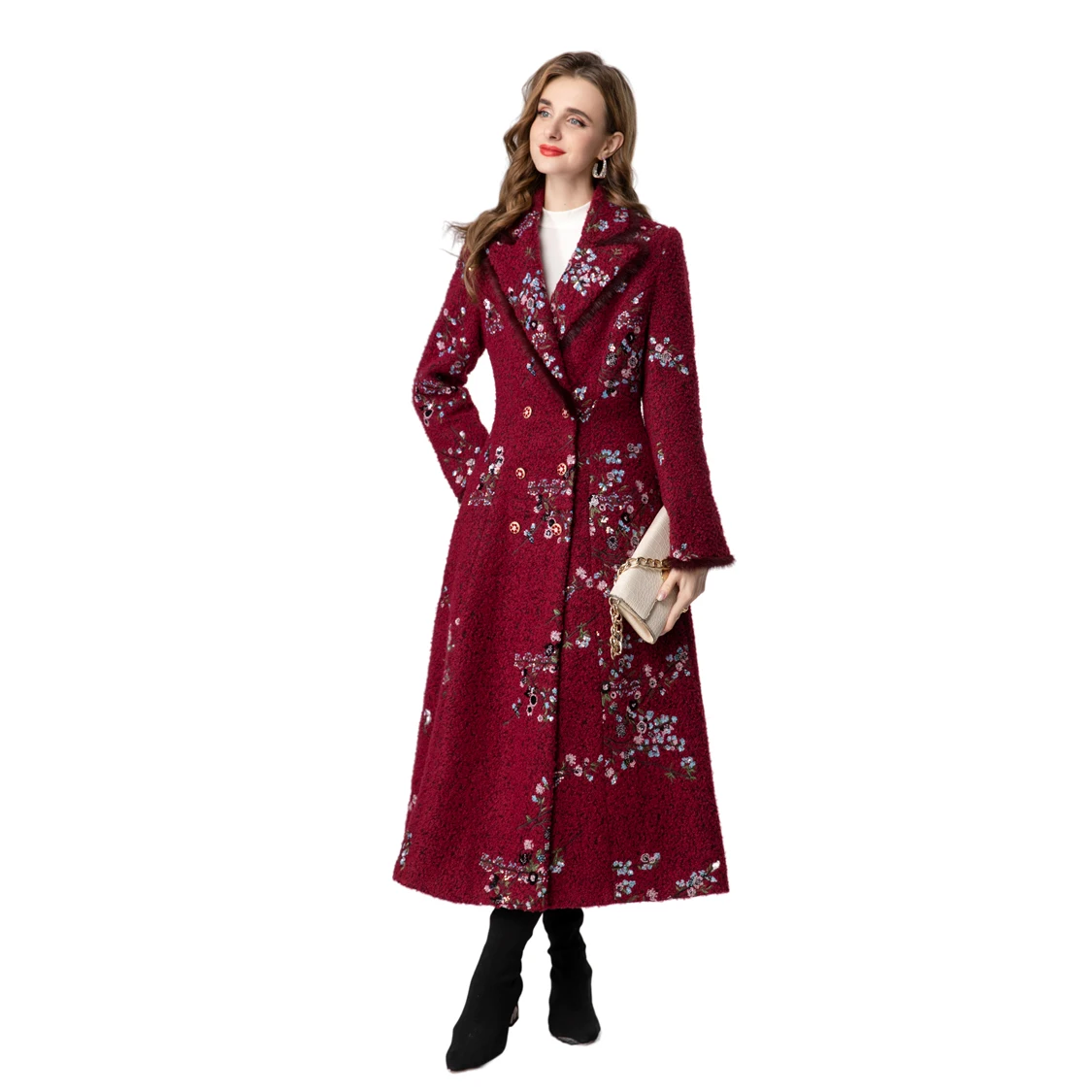 Splendido paillettes ricamate bordeaux - Cappotto maxi soffice rifinito con pelliccia - Colletto con risvolto rifinito per l'autunno/inverno S-4XL