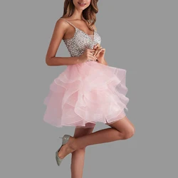 Sequins Cocktail Dresses A LIne Girls Homecoming Dress Tulle V Neck Spaghetti Strap Elegant Party Dresses Woman Graduation Gown