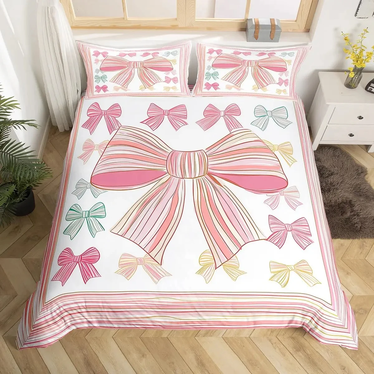 Simple Bow Knot Duvet Cover Twin Size,Cartoon Kawaii Bedding Set,Cute Bows Ribbon Printed Comforter Cover for Girl Women Bedroom
