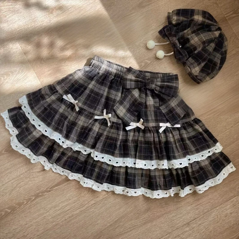 Jesień Zima Preppy Style Plaid Mini Spódniczka Kobiety Kawaii Lace Patchwark Bow Pleated Skirts Japanese Sweet Cute A-Line Cake Skirt