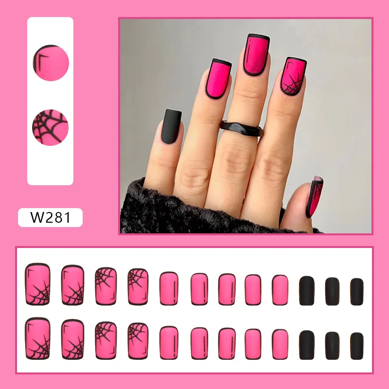 

24pcs Comic Halloween Press-On Nails - Matte Fuchsia Spiderweb Gothic Lace Medium Square Shape (Multi Sizes)