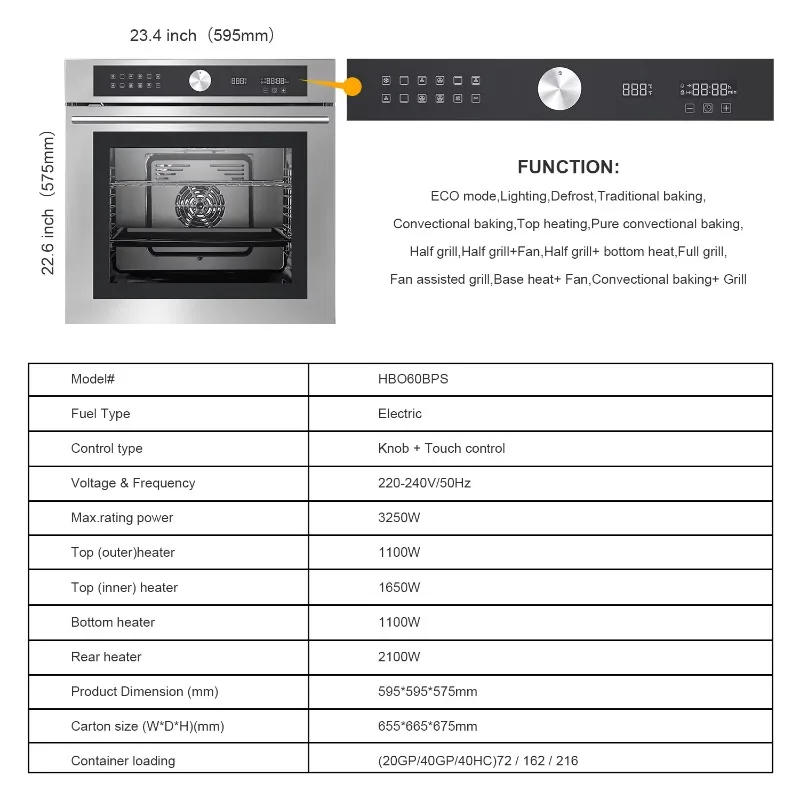 Stainless Steel Built-In Oven, 80L Large Capacity, LED Touch Control, Multifunctional Convection Air Fryer for Home Cooking