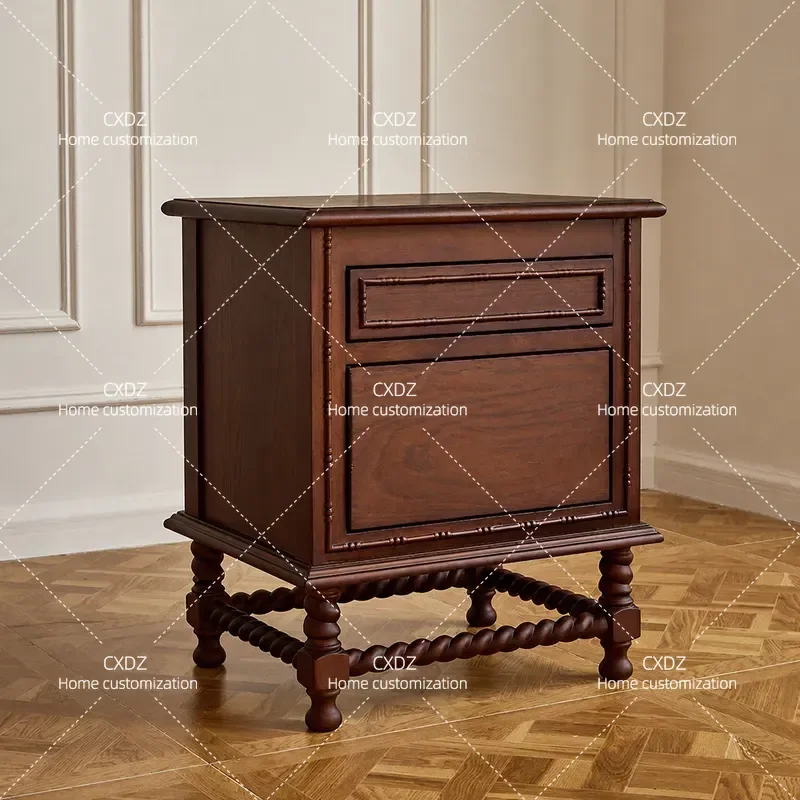 Antique Solid Wood Bedside Table with Damping Drawer Small Nightstand High End Storage Cabinet for Bedroom Furniture
