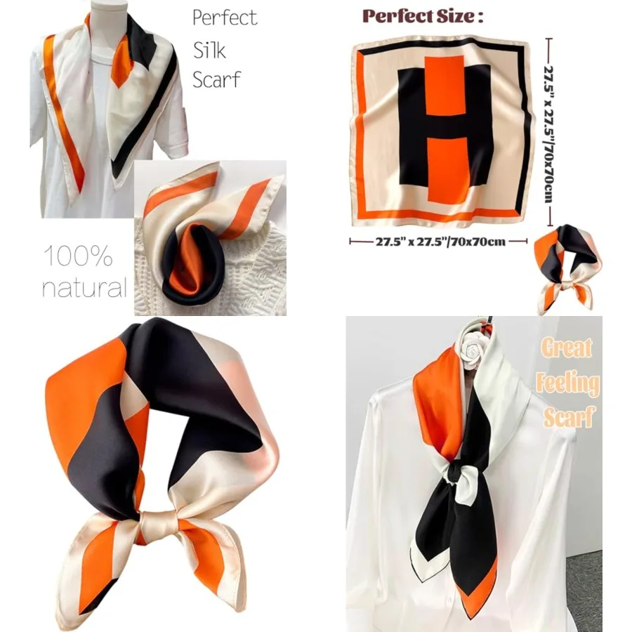 

27.5" Mulberry Silk Feeling Head Scarf Women's Fashion Square Neck Satin Scarfs for Bag Hair Scarves Gift, K012-black Orange H /27.5"x 27.5"