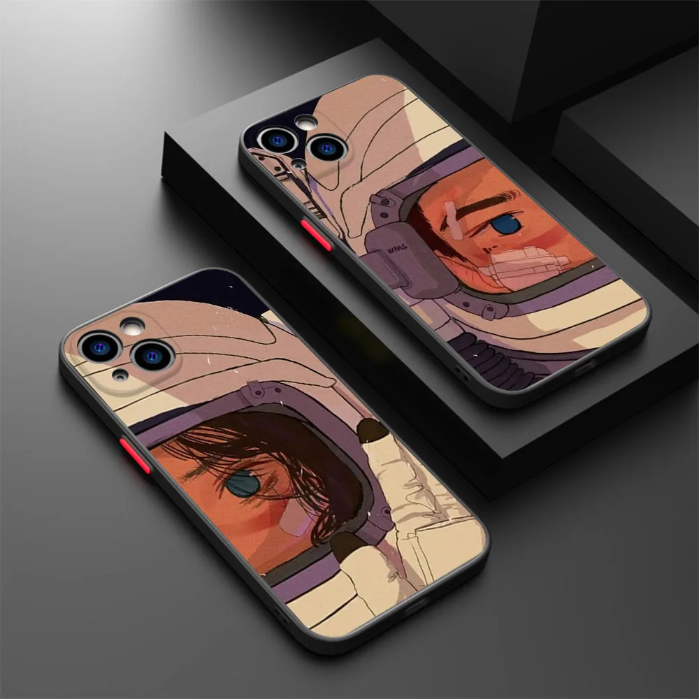 Phone Case For iPhone 16 Plus 15 Pro Max 14 7 8 XR SE 11 12 13 Mini X XS Cartoon Astronaut Spacewoman Black Translucent Cover