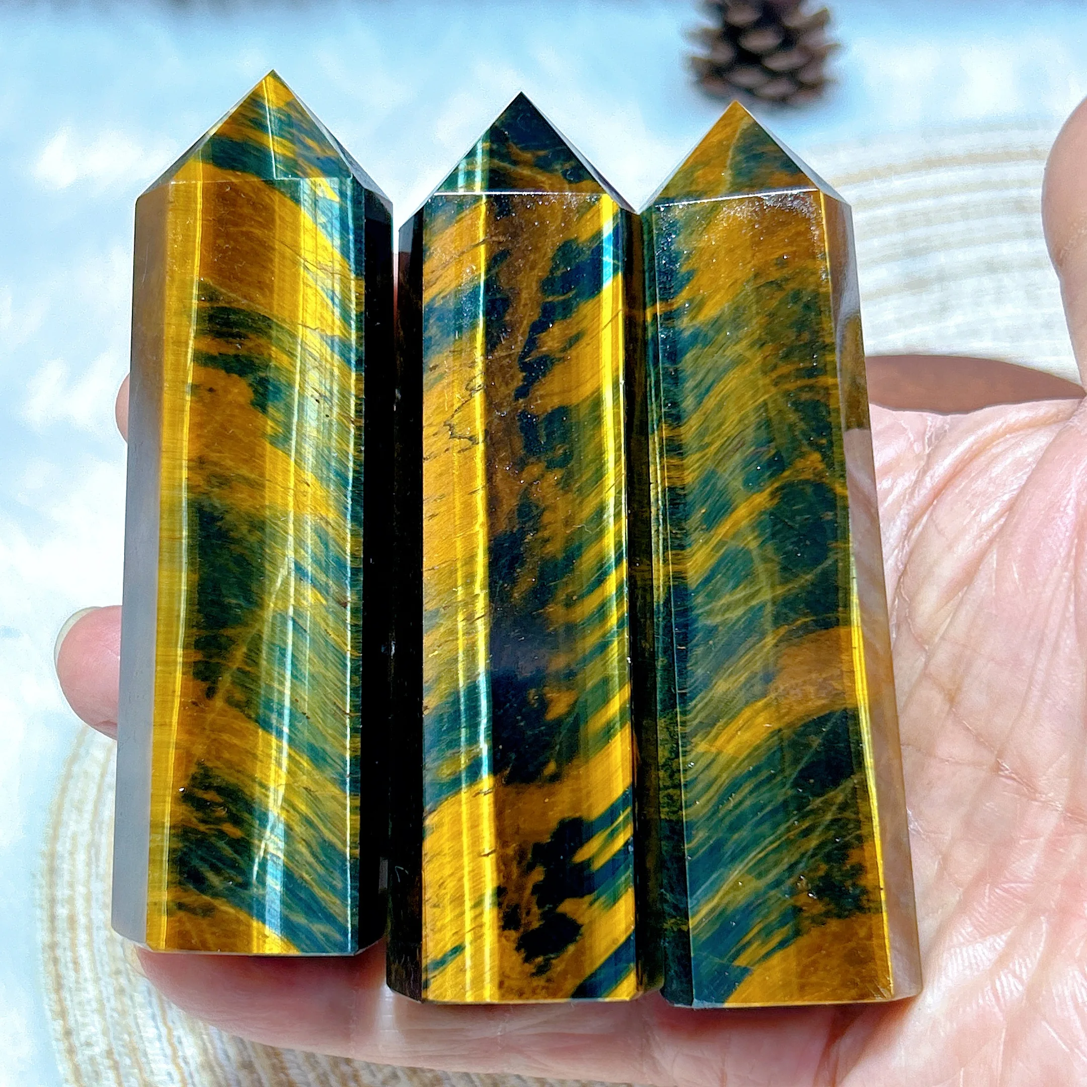 

High Quality Natural Crystal Blue And Yellow Flashy Tiger Eye Tower Point Energy Reiki Ornament Healing Home Decoration Gift