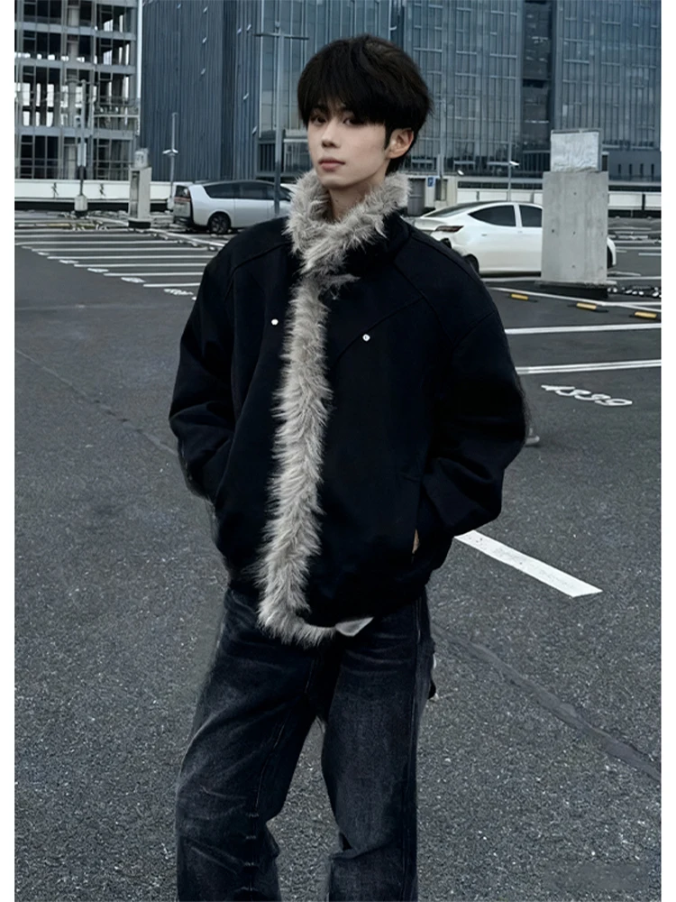 

Men's Winter Fce Lined Suede Jaet Bla Stand Collar Anti-Cold Mountain Eagle Cotton Jaet Stand Fit Long Sve