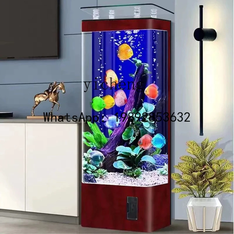 

living room floor-to-ceiling household vertical wall curved glass office goldfish tank company aquarium back filter
