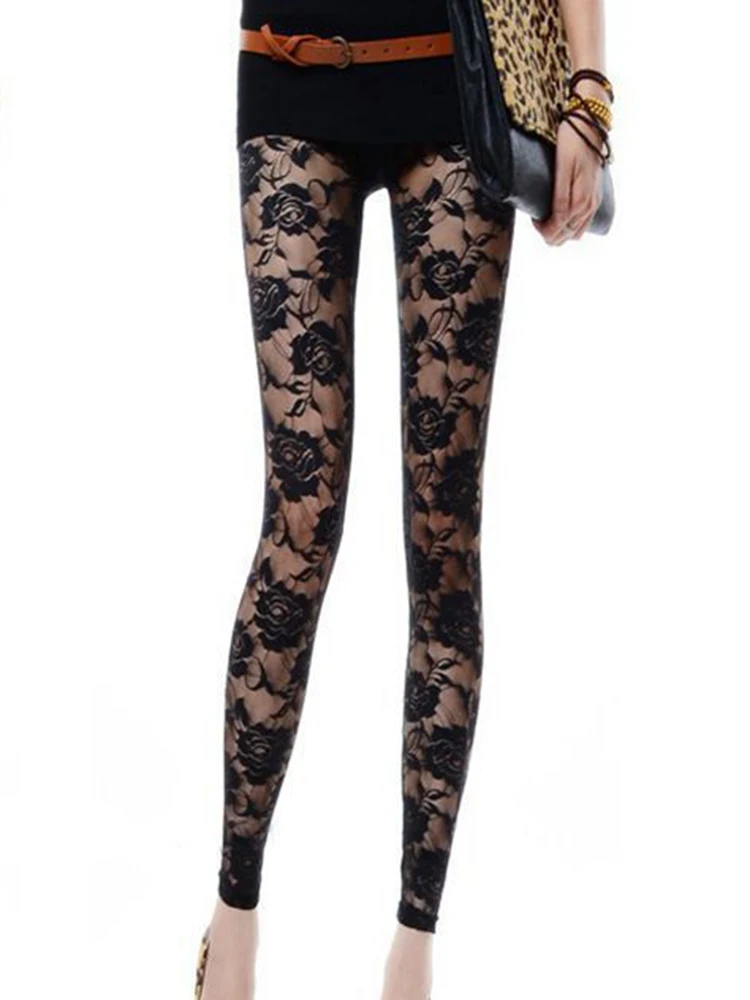 Lace Leggings Women Sexy High Waist Black Skinny Floral Stretch Workout Leggins Streetwear