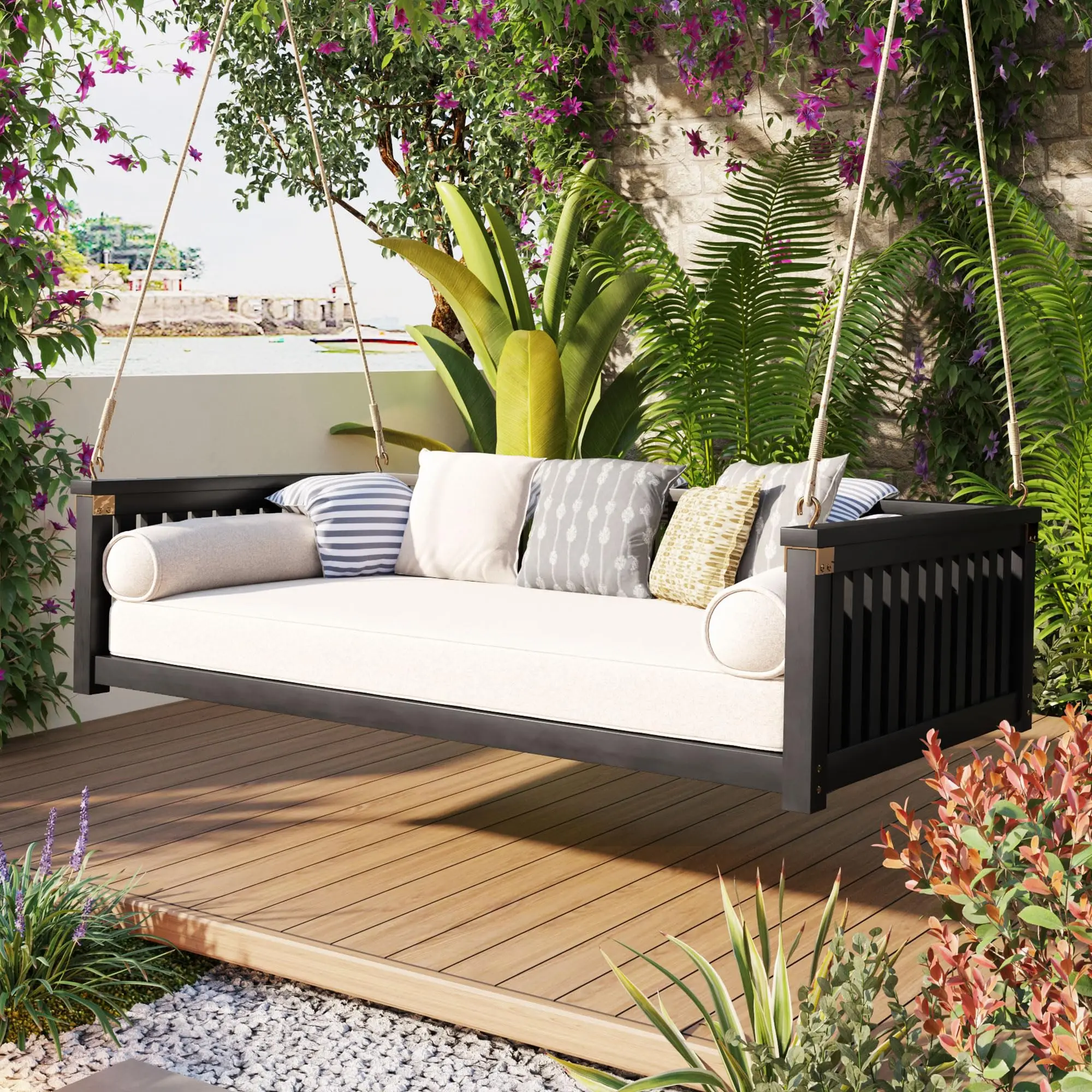 Outdoor Porch Swing Bed, Twin Size Acacia Wood Swing Bed Frame with Ropes, Swing Loveseat for Patio, Garden, Backyard