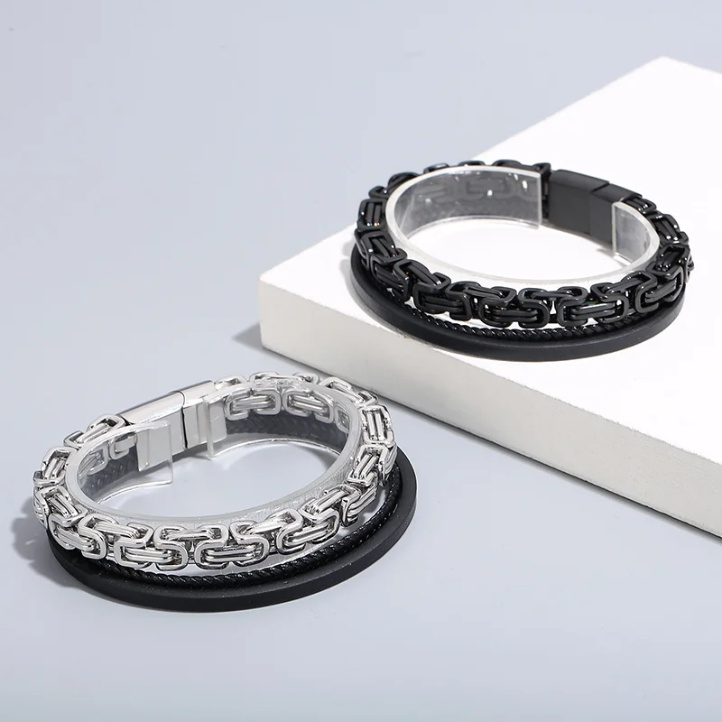 KALEN Double Layer Chain Bracelet Men's Stainless Steel Royal King Chain And Black Cowhide Leather Jewelry Chunky Accessories