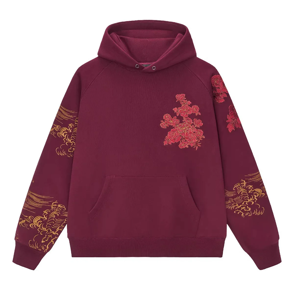 Hip Hop Flower&Horse Embroidered Hoodie Y2K 2026 Red Streetwear Mens Hooded Sweatshirt Harajuku Cotton Pullover Tops