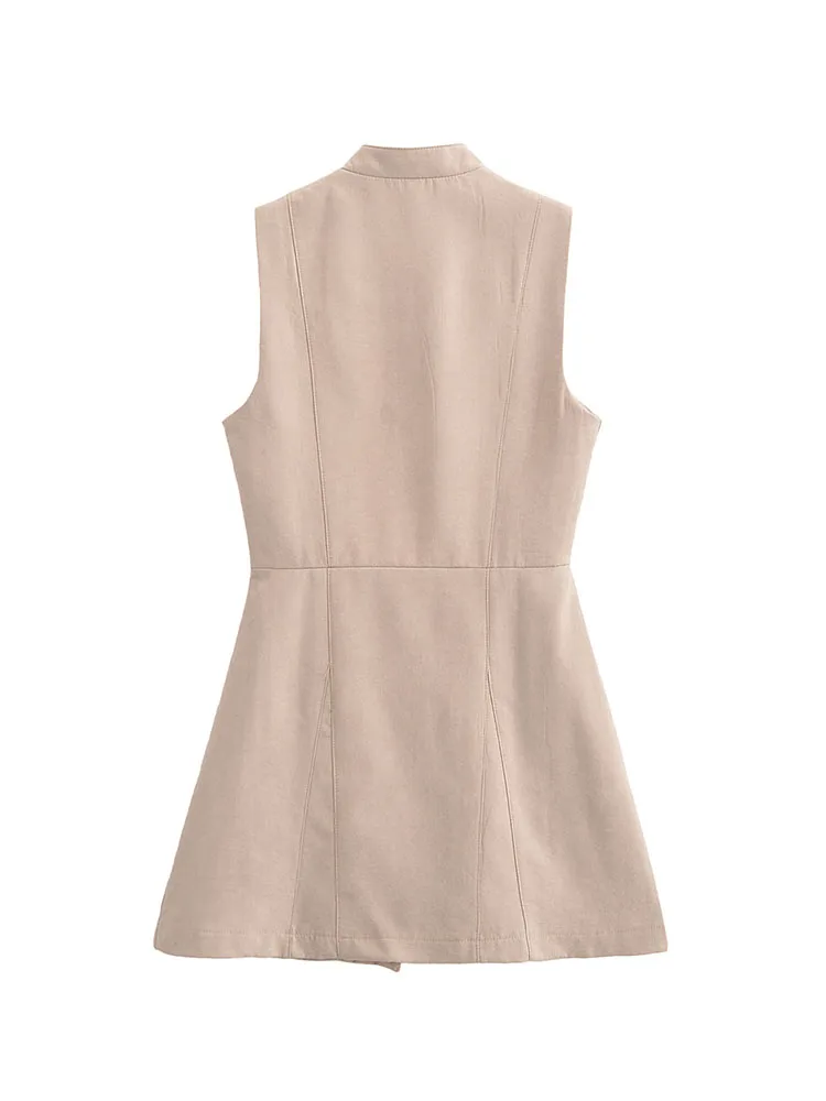 Damska letnia Mini sukienka 2025 na co dzień solidne stojące guziki bez rękawów damskie eleganckie sukienki uliczne