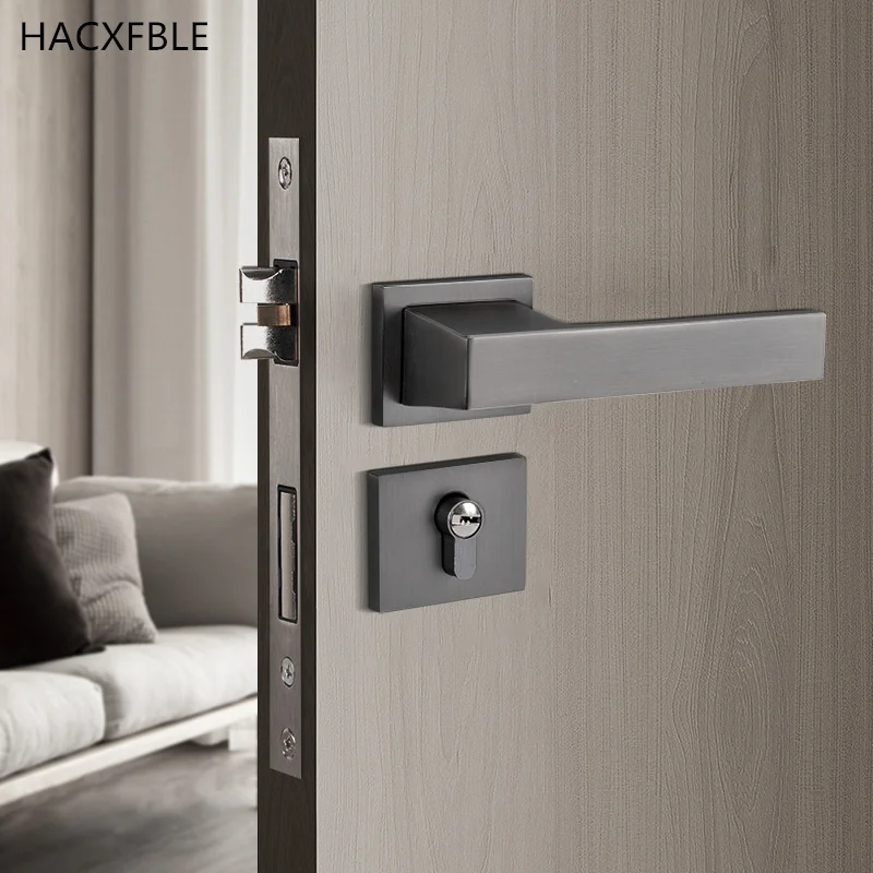 

Modern And Simple Interior Bedroom Security Door Handles Locks Gray Aluminum Alloy Magnetic Silent Split Mechanical Door Lock