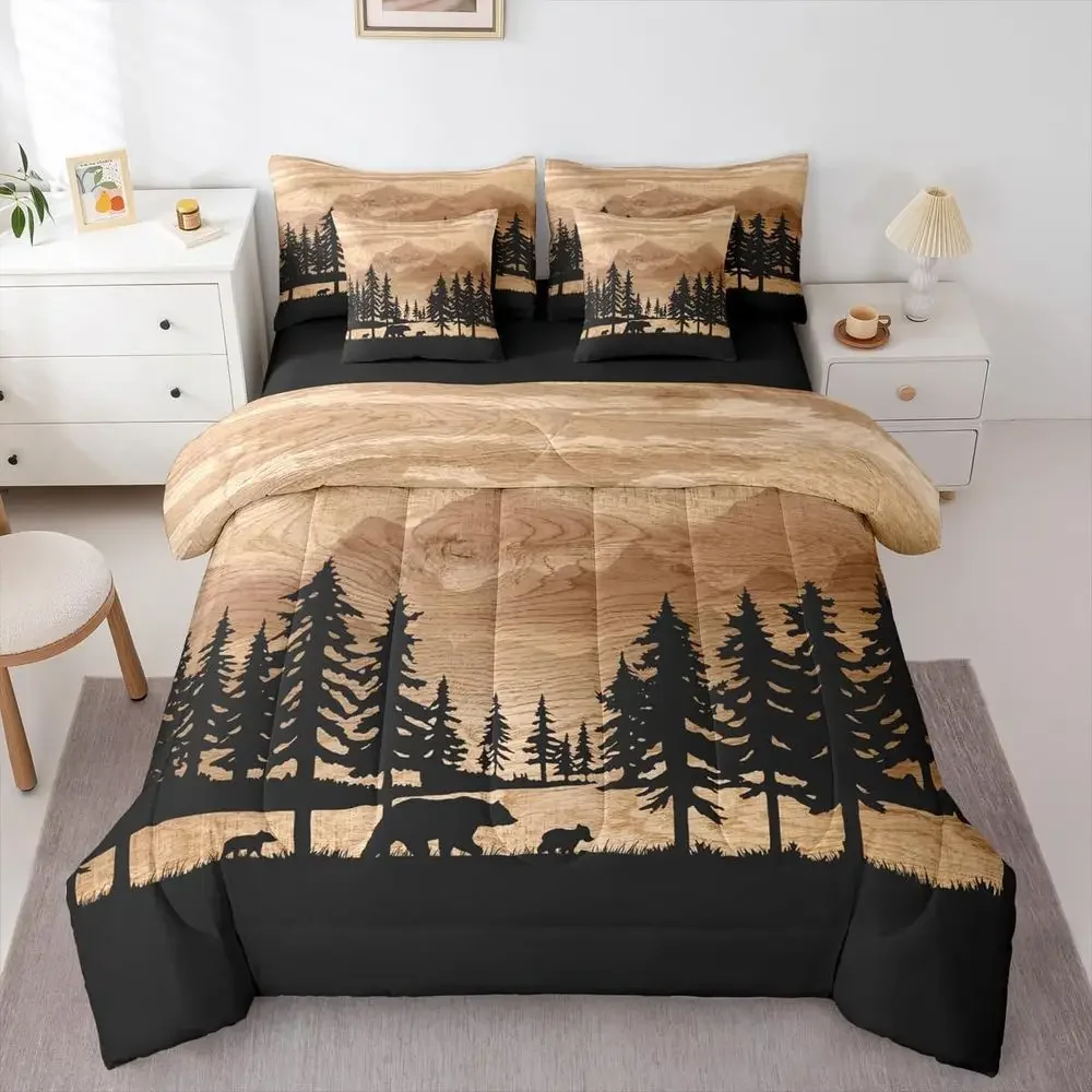 

7-Piece Cabin-Style Bedding Set with Woodland Bear Comforter and Sheets, Suitable for Country Wildlife Themed Bedrooms