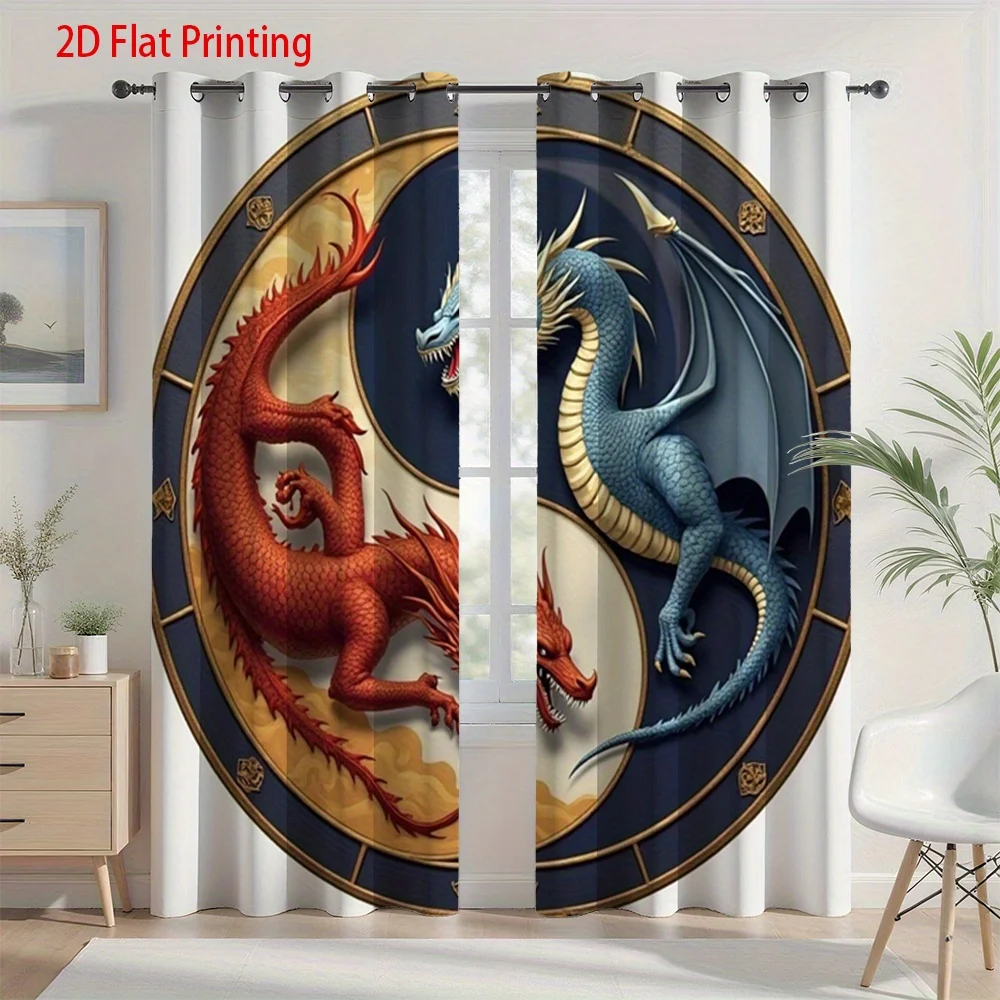 2pcs, 2D Flat Printing Curtains with Yin Yang Red And Blue Dragons Pattern for Home Decor. Grommet Curtains Made of Suede