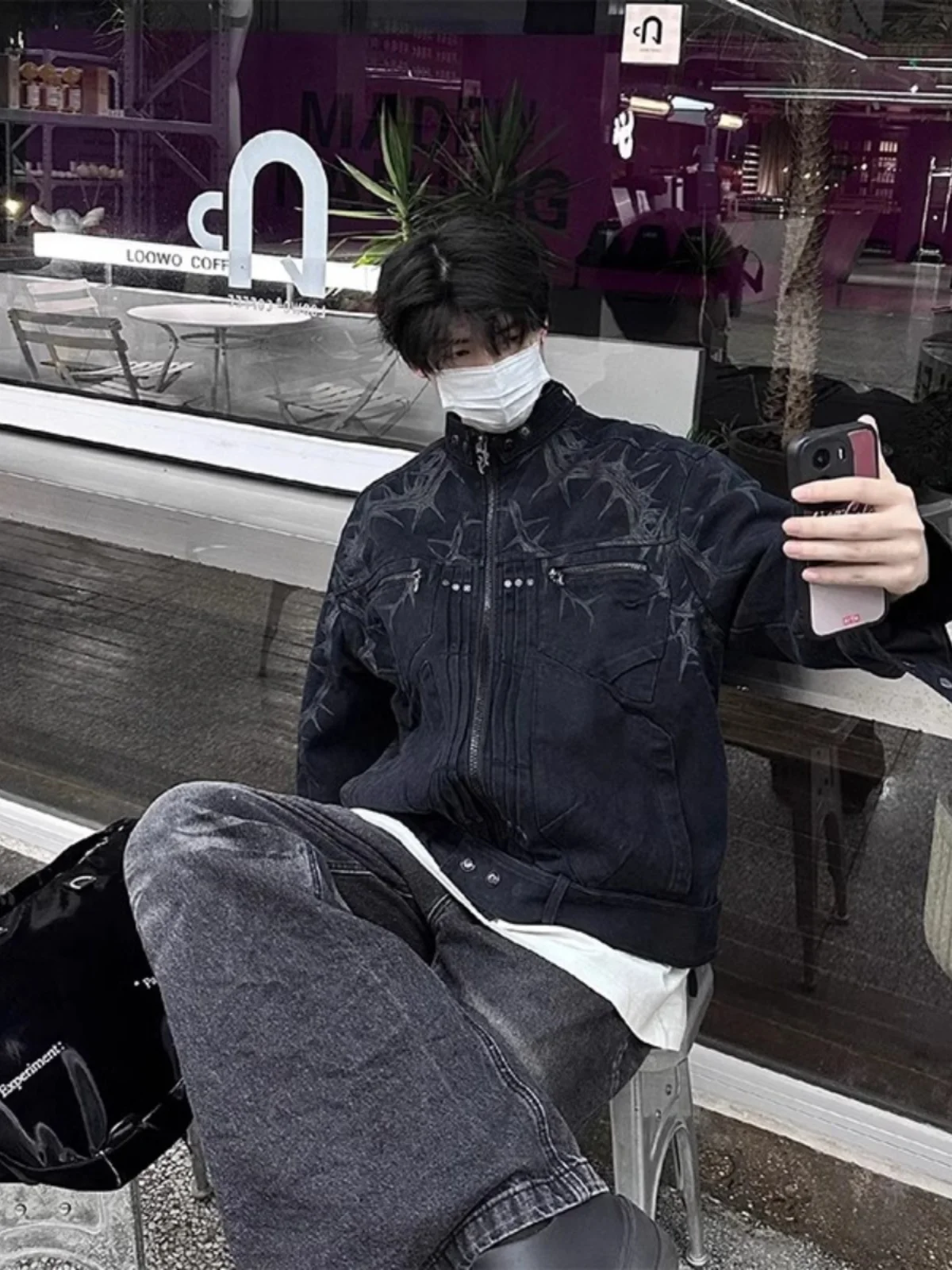 

Bla ort Men's Denim Jaet Spring Autumn American High Street Cleanfit Biker Sle Coat Youthful Loose Fit Windproof