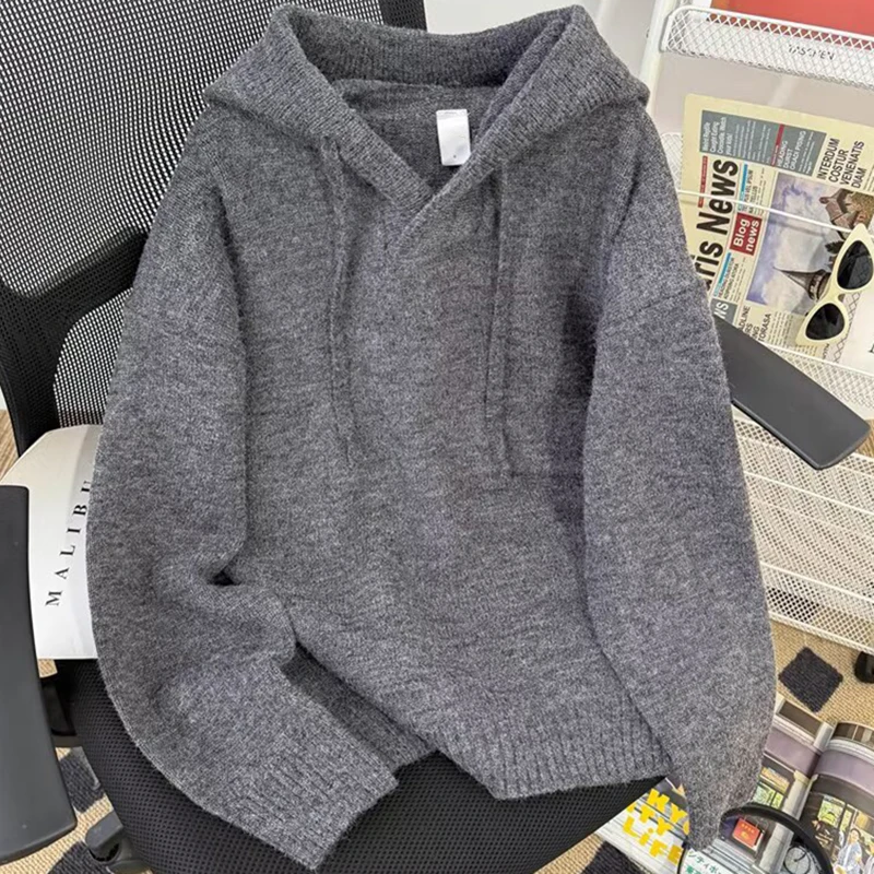 

Autumn Winter Men's Hooded Sweater Knitwear Pullover Vintage Solid Color Warm Hoodies Knit Streetwear Y2K Fashion Loose Sweater