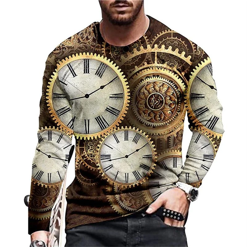 Vintage Print T-shirt 3d Clock Shirt Clock Long Sleeve Casual O- Neck 4xl Cotton Shirt Oversized Tops Tee Shirt Man Clothes
