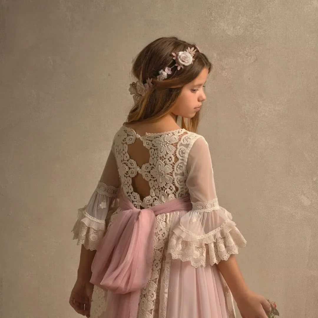 Customized Flower Girl Dress Half Sleeves Lace Appliques 3D Flowers A-Line Ivory And Pink With Belt Dresses Birthday Party Gowns