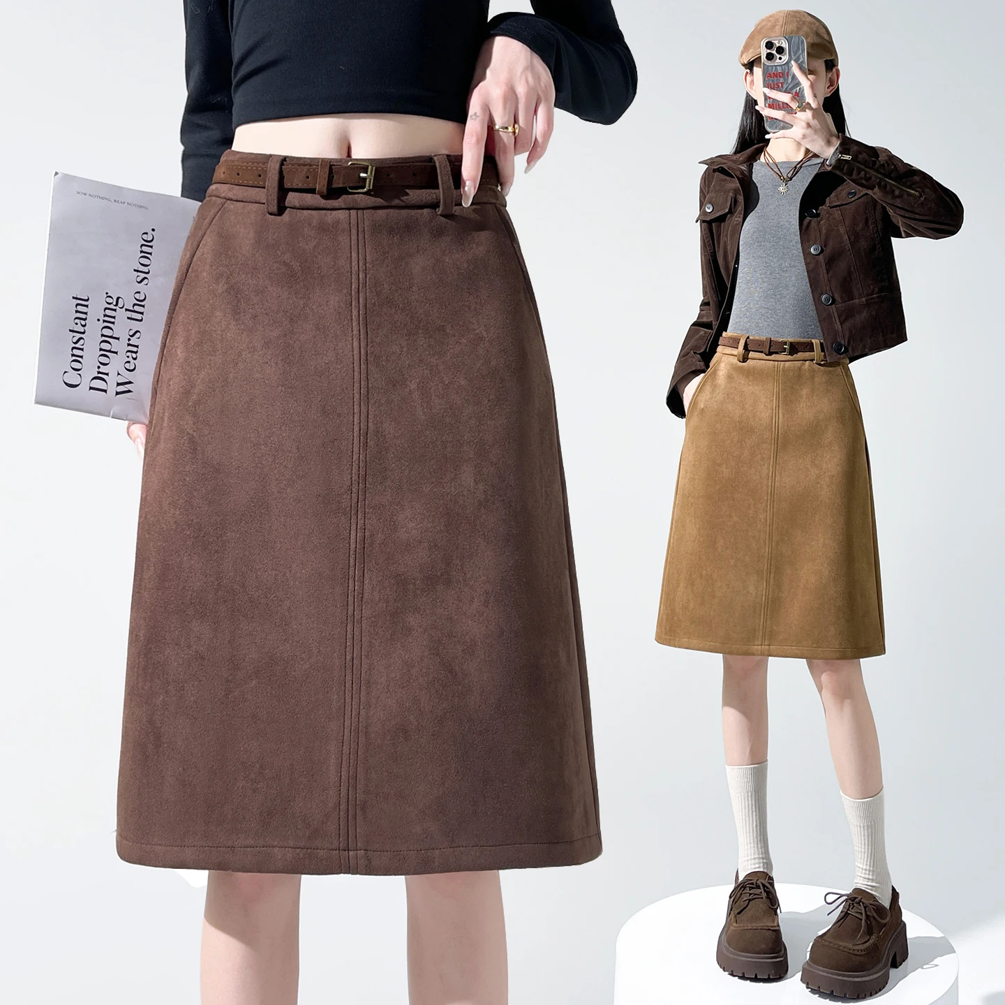 Slimming Mid-Length A-Line  Skirt in Suede with Belt for Women Commute Style High Waist Polyester Fiber Urban Fashion
