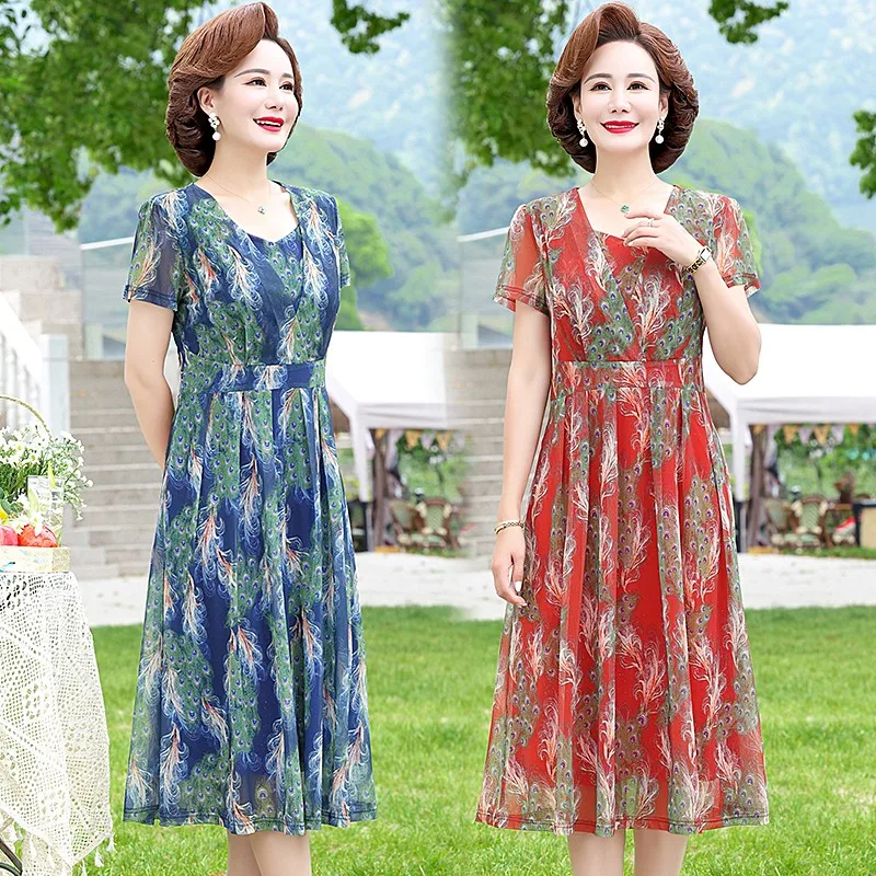 Floral Chiffon Dresses Women 2024 Summer New Temperament A-line V-Neck peacock Print Sweet Vestidos For Women