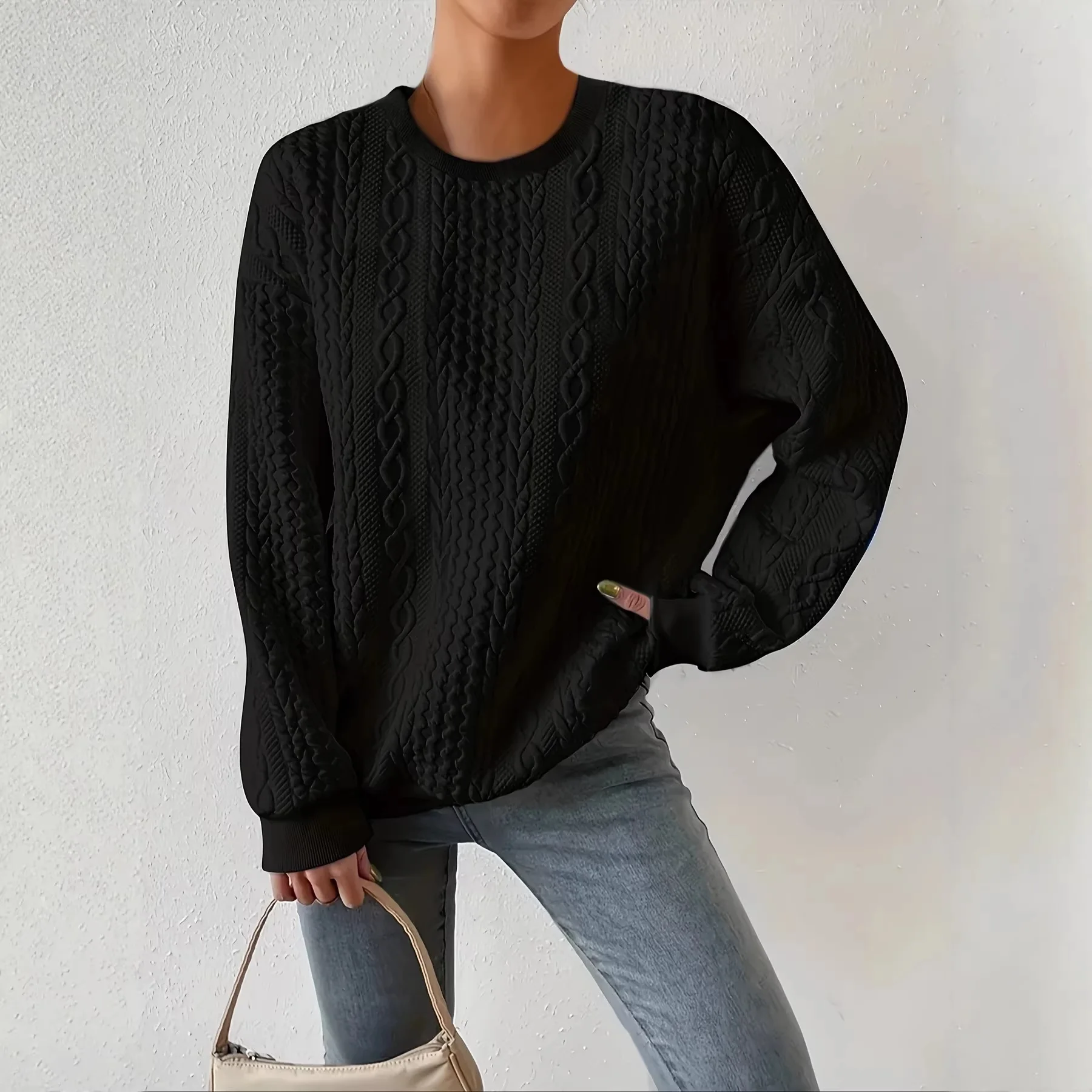 

2026 Women's Oversized Cable Knit Sweater Black Round Neck Long Sleeve Loose Casual Warm Chunky Knit Pullover Autumn Winter Top