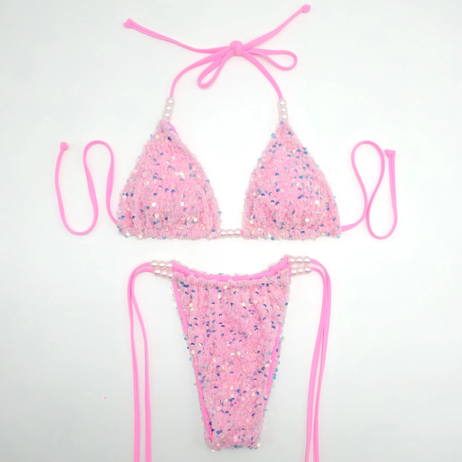 

Сексуальные блестящие пайеточные купальники с эффектом мятой ткани, комплекты из двух частей, бикини с завязками на шее, стринги, пляжная одежда, купальные костюмы, бикини