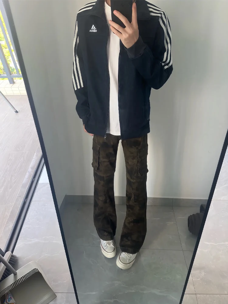 

YKEE American Retro Camouflage Flared Jeans Men's Women's High Street Workwear Pants Rise Straight Blade Pants