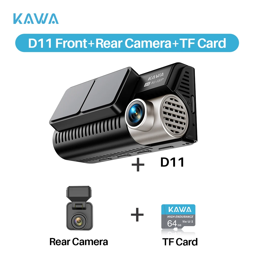 KAWA D11 Dashcam voor en achter 4K WiFi Auto DVR GPS Videorecorder AI-ISP Kleur Nachtzicht, Sony Starvis AUTO Dual Dashcam