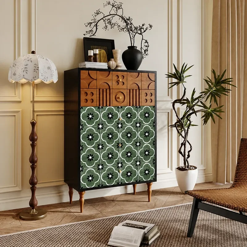 Medieval Solid Wood Relief TV Cabinet Bedroom Bedside Locker Living Room Combination Decorative Storage Cabinet