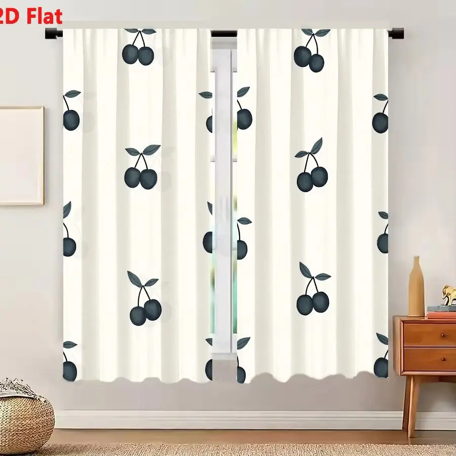 2Pcs Curtains 2D Flat Dark Blue Black Cherries With Two Leaves Per Stem On Light Beige Off-White Background Decorative Pattern W