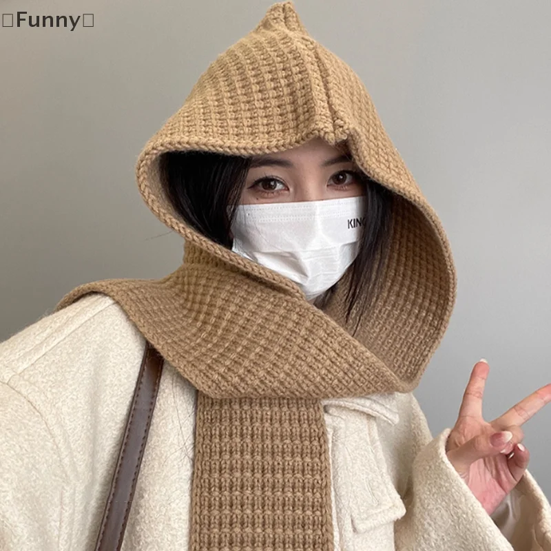 〔Lucu〕Syal Terpadu Hangat untuk Musim Gugur dan Musim Dingin, Topi Selendang Berkerudung, Syal Rajut Serbaguna, Topi Wol