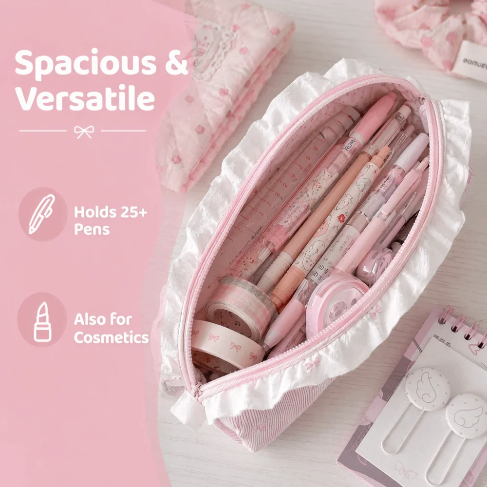 Ballet Ruffle Lace Bow Embroidery Pencil Case Large Capacity Pen Bag Kawaii Pencil Pouch Students Stationery Organizer Bag image 2