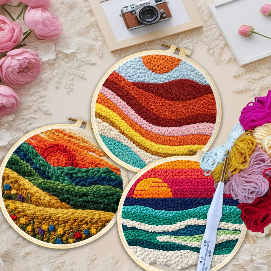 

Набор для вышивания в технике панч-нидл: Декор для дома, подарок, стартовый набор для вышивания, пейзаж с горами на закате, настенное искусство