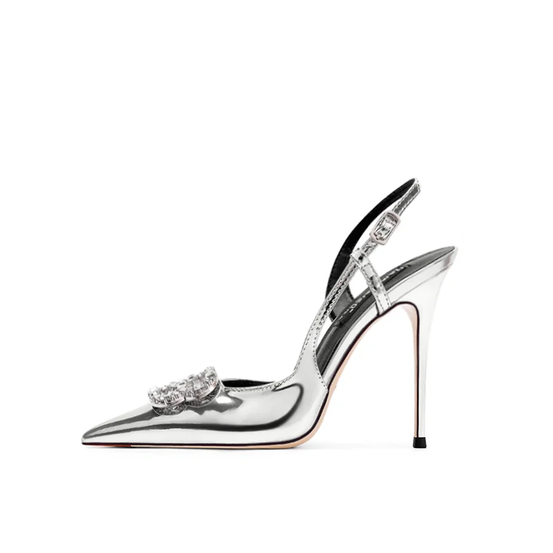 

Silver Wedding Shoes Women High Heels with Rhinestones Summer Slingback Slip on Sandals Bridal Pumps with Buckle Strap