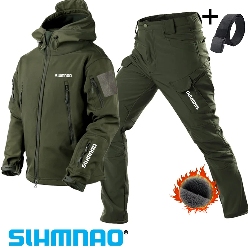 Soft Shell Fishing Suit Shark Skin Autumn and Winter Men\'s Warm and Waterproof Jacket Hiking and Hunting Cycling Suit Set