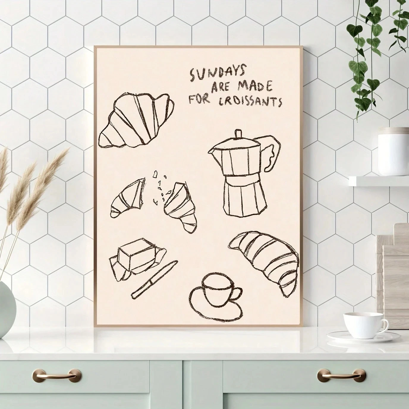 ملصق فني من القماش الكلاسيكي للإفطار، ديكور جدار المطبخ بدون إطار مع الخبز، مطبوعات كرواسون وعاء القهوة، مثالي لغرفة النوم، #1